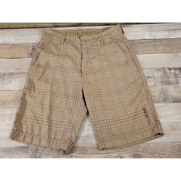 BILLABONG Men's Bermuda Shorts Plaid Brown Size 28 Flat Front Polyester - Picture 1 of 10